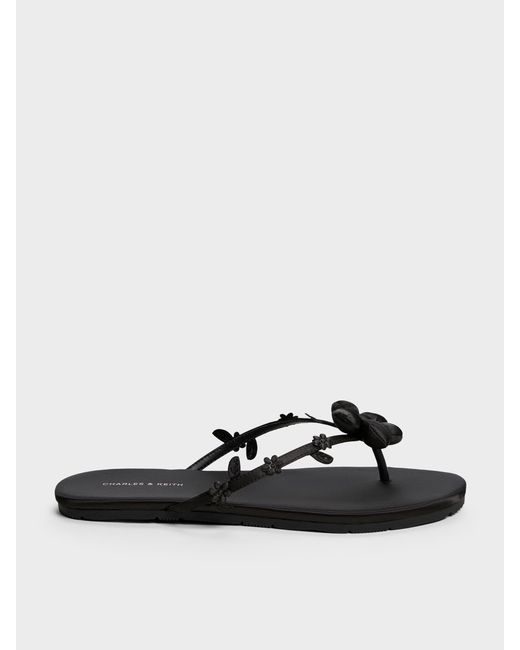 Charles & Keith Black Puffy Flower Thong Sandals