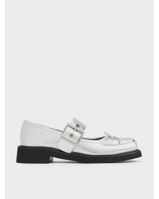 Charles & Keith White Metallic Bow Buckled Mary Janes