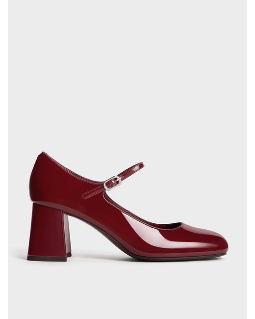 Charles & Keith Red Patent Block-Heel Mary Jane Pumps