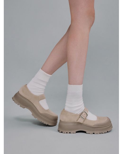 Charles & Keith Natural Darra Faux Suede Ridged-Sole Platform Mary Janes