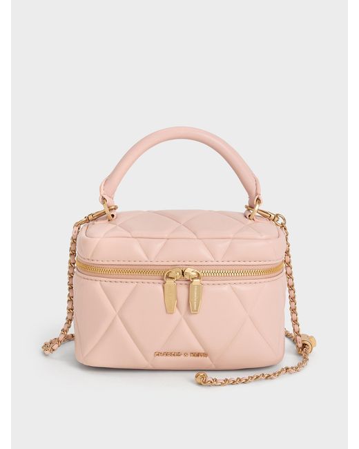 Charles & Keith Pink Arwen Quilted Top Handle Vanity Bag