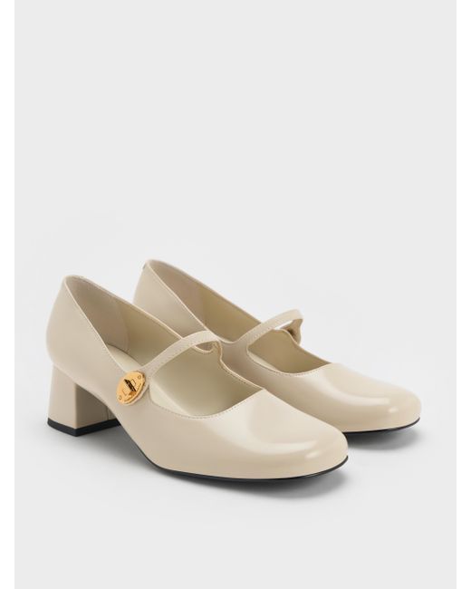 Charles & Keith Natural Hettie Patent Metallic-buckle Block-heel Mary Janes