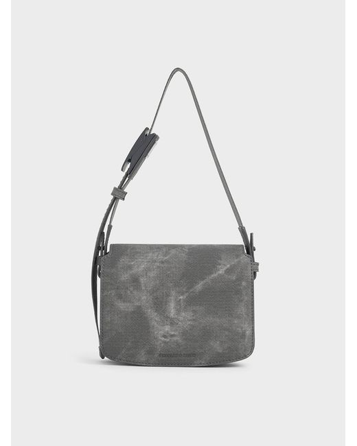 Charles & Keith Gray Denim Boxy Front Flap Shoulder Bag