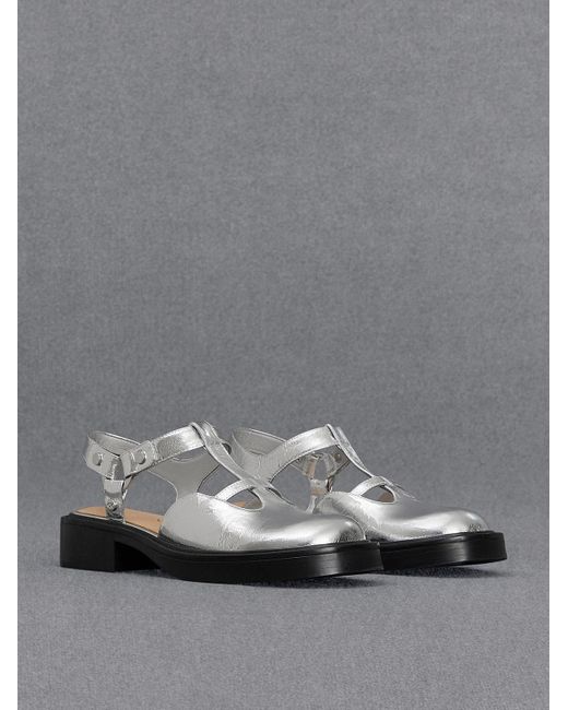 Charles & Keith Gray Metallic Leather Cut-out T-bar Mary Jane Flats