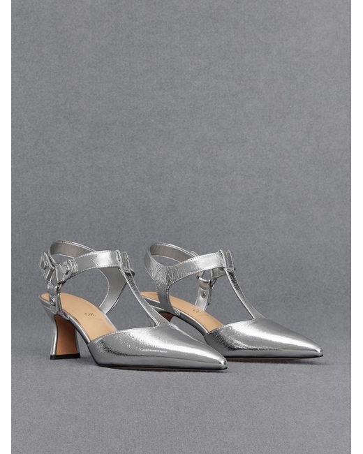 Charles & Keith Gray Leather Metallic Buckled T-bar Pumps