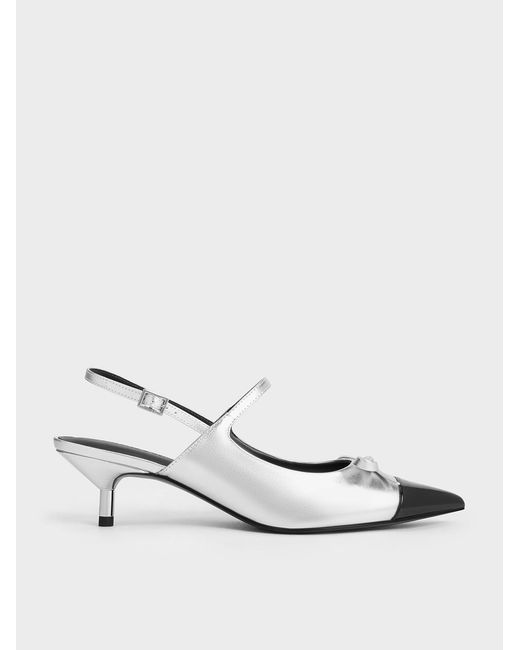 Charles & Keith White Metallic Cap-toe Slingback Kitten Heels