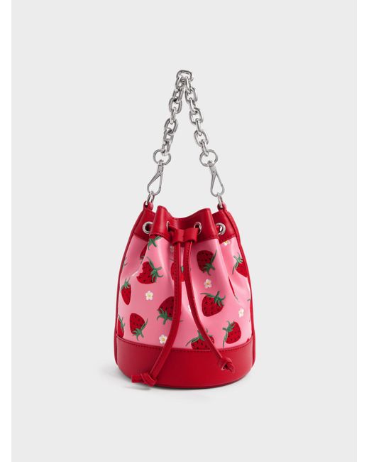 Charles & Keith Zetta Strawberryprint Drawstring Bucket Bag in Pink Lyst