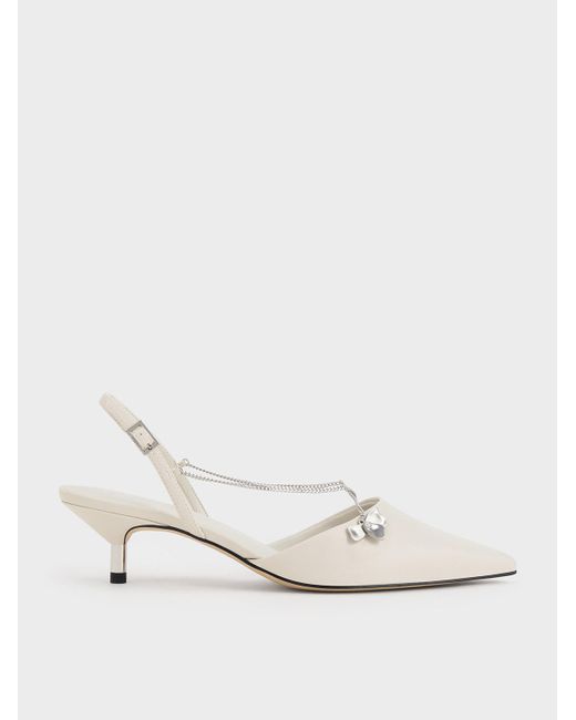 Charles & Keith Natural Flower-accent Chain-link Kitten-heel Pumps