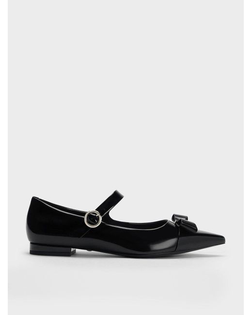Charles & Keith Black Leather Bow Mary Jane Flats