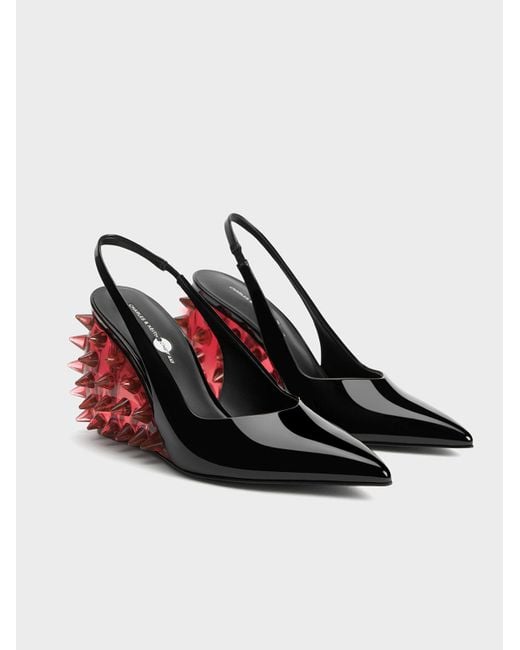 Charles & Keith Red Patent Spike-heel Slingback Wedges