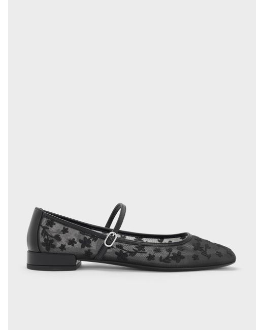 Charles & Keith White Gertrude Mesh Embroidered Floral Mary Janes