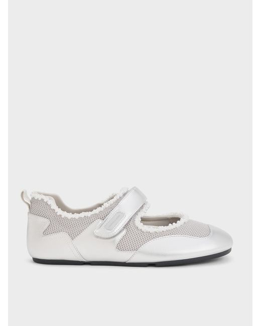 Charles & Keith White Metallic Mesh Pearl-Embellished Mary Jane Sneakers
