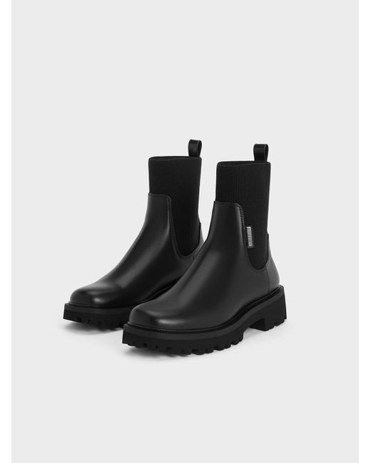 Charles & Keith Black Knitted Sock Ridge-sole Chelsea Boots