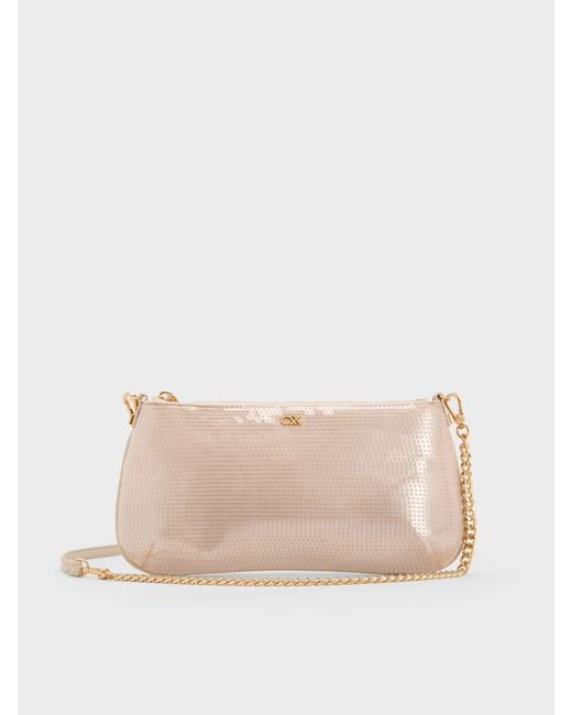 Charles & Keith Natural Sequin Mesh & Leather Shoulder Bag