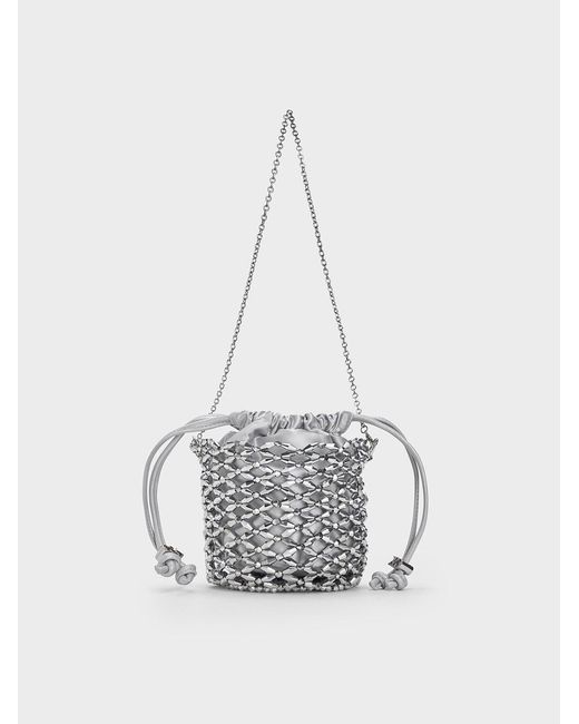 Charles & Keith White Beaded Chain-handle Bucket Bag