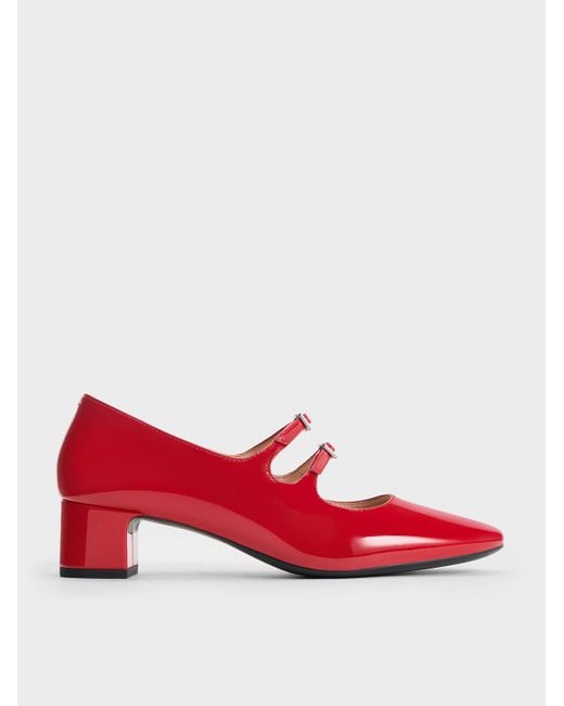 Charles & Keith Red Double Crystal-buckle Mary Jane Pumps