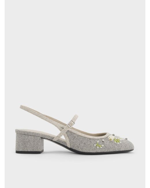 Charles & Keith White Twill Bead-Flower Block-Heel Slingback Mary Jane Pumps
