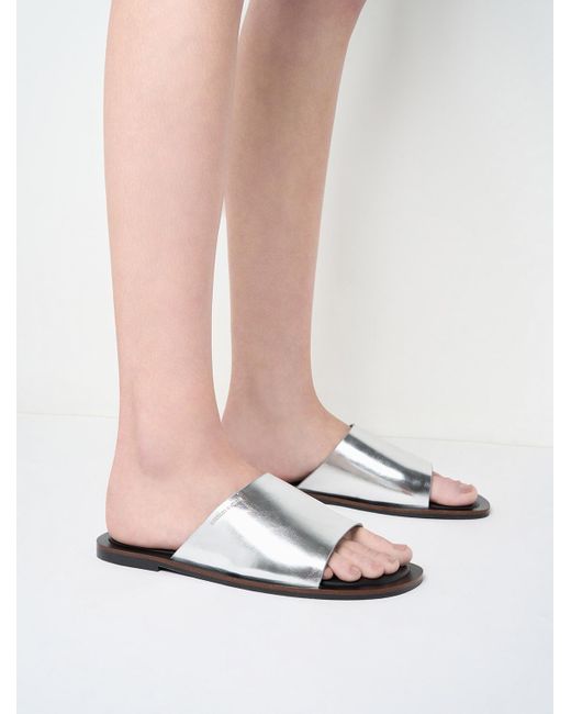 Charles & Keith White Metallic Wide-strap Slide Sandals