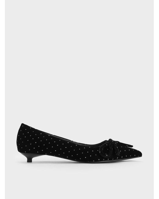 Charles & Keith Black Velvet Dotted Bow Pointed-Toe Kitten-Heel Pumps