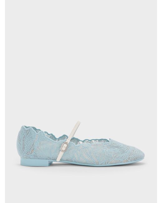 Charles & Keith Blue Meja Floral Mary Jane Flats