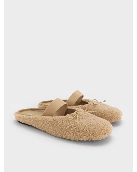 Charles & Keith White Nancy Faux Shearling Bow Ballet Mules