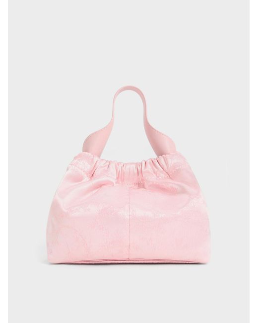 Charles & Keith Pink Ally Satin Floral-print Ruched Bag