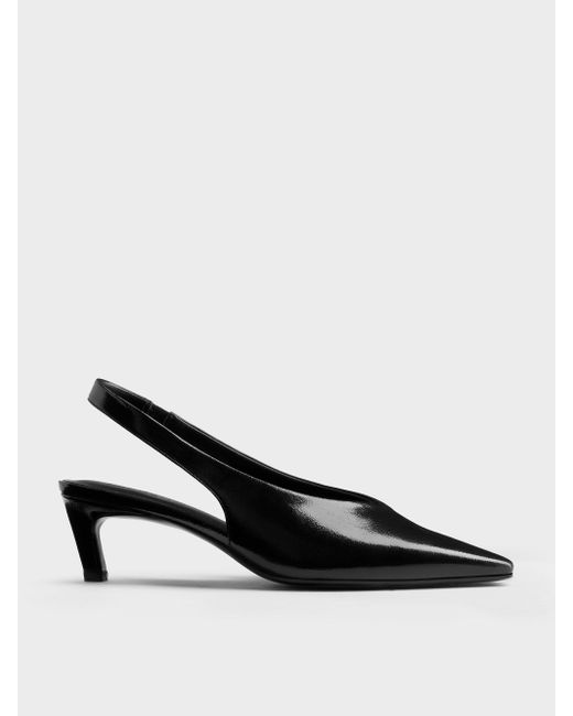 Charles & Keith Black Patent Tapered Slingback Kitten Heels