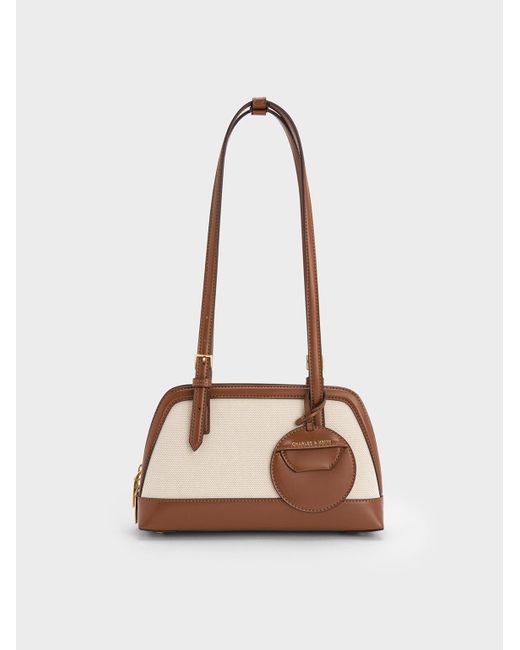 Charles & Keith White Enola Canvas Two-Tone Elongated-Handle Bag