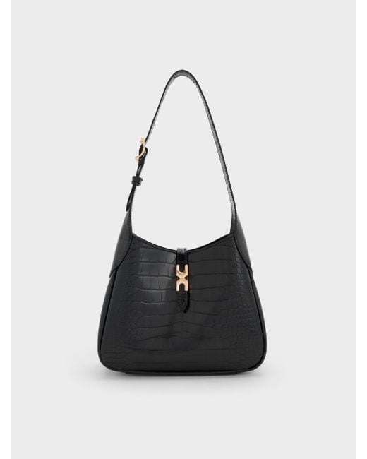 Charles & Keith Women's Black Mini Adalyn Croc-Effect Hobo Bag