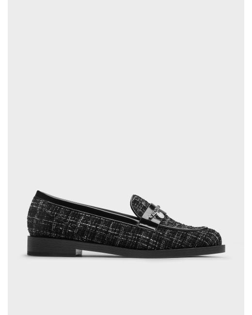 Charles & Keith Black Tweed Braided-Chain Metallic-Accent Loafers