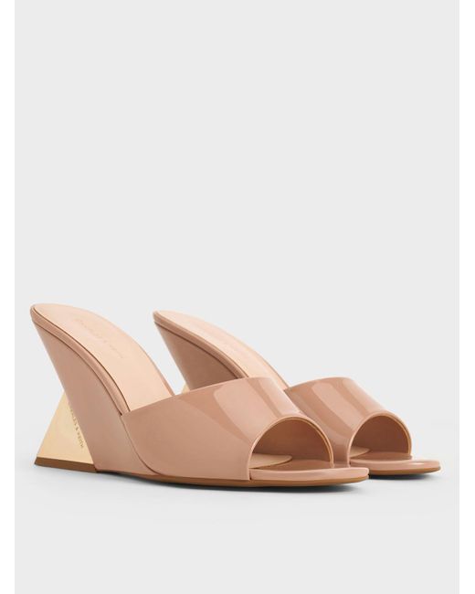 Charles & Keith Natural Patent Triangle-heel Wedge Mules