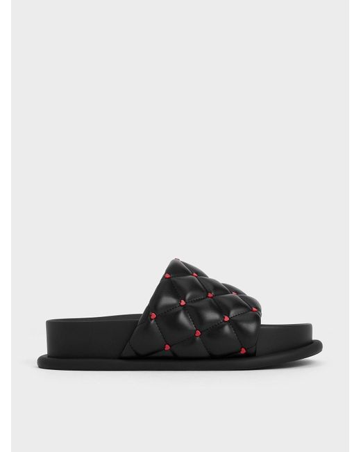 Charles & Keith Black Dahlia Padded Quilted Heart-print Sandals