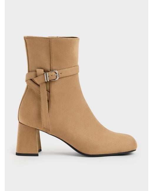 Charles & Keith Natural Eliza Faux Suede Block-Heel Ankle Boots