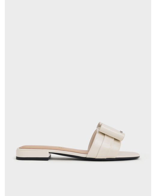 Charles & Keith White Lu Patent Leather Bow Slide Sandals