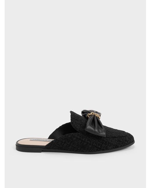 Charles & Keith Black Tweed Chain-link Bow Loafer Mules