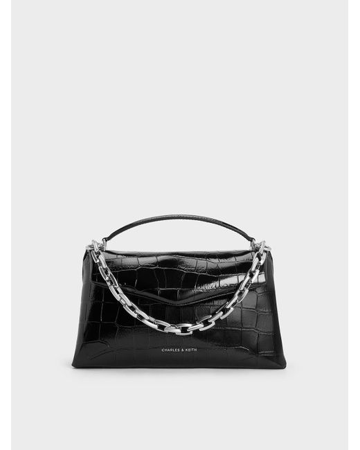Charles & Keith Black Andromeda Croc-effect Chunky-chain Top Handle Bag