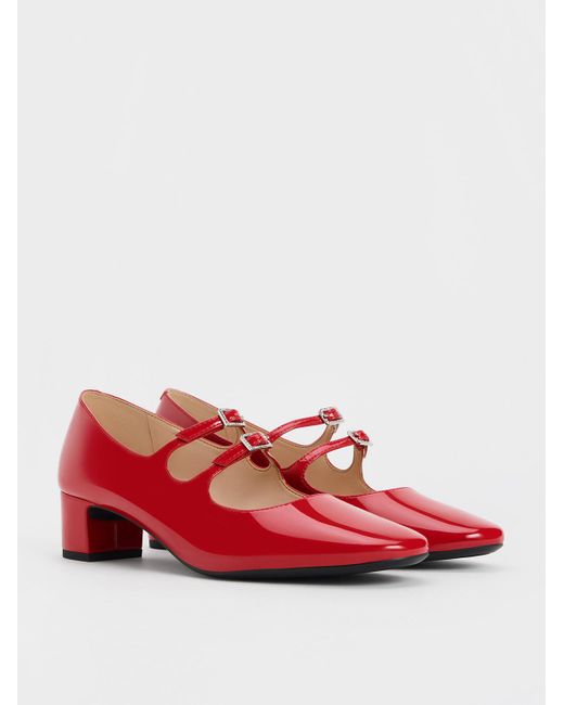 Charles & Keith Red Double Crystal-buckle Mary Jane Pumps