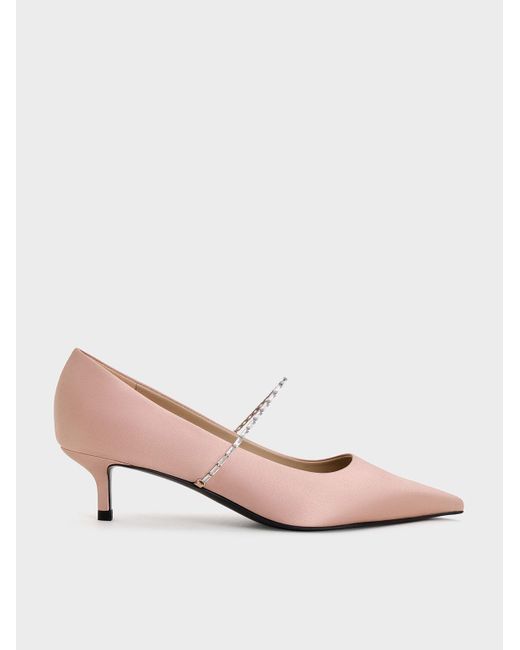 Charles & Keith Pink Satin Embellished-Strap Pointed-Toe Pumps