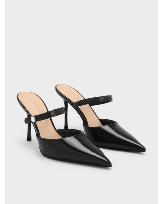 Charles & Keith Black Patent Crystal-accent Stiletto-heel Mules