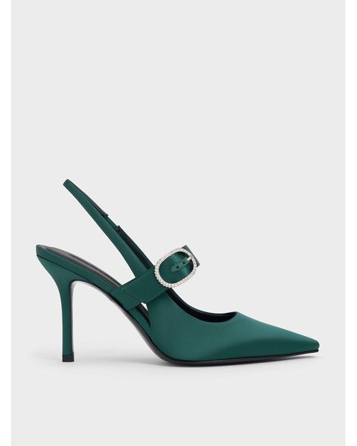 Charles & Keith Green Recycled Polyester Crystal-buckled Slingback Pumps