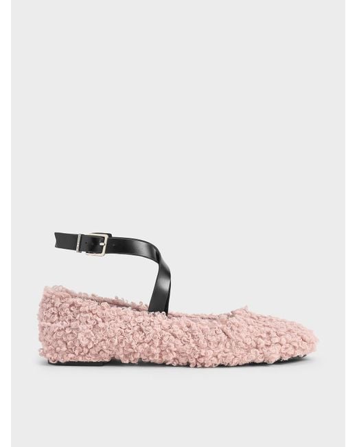 Charles & Keith Pink Margot Furry Crossover-strap Ballet Flats