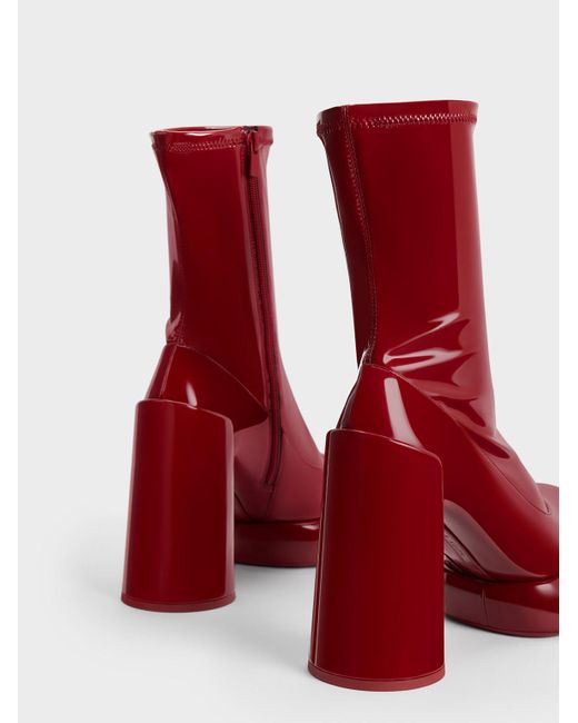 Charles & Keith Red Darcy Patent Platform Ankle Boots
