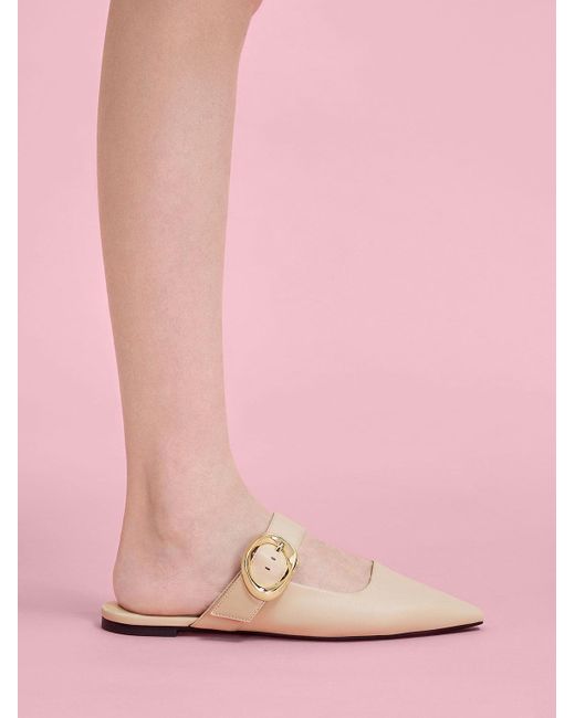 Charles & Keith White Buckle-strap Flat Mules