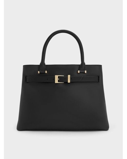 Charles & Keith Black Voyager Leather Belted Tote Bag
