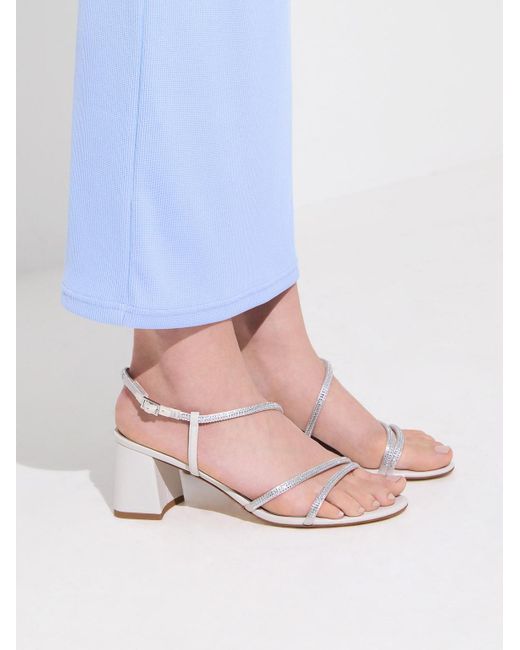 Charles & Keith White Satin Crystal-embellished Strappy Sandals