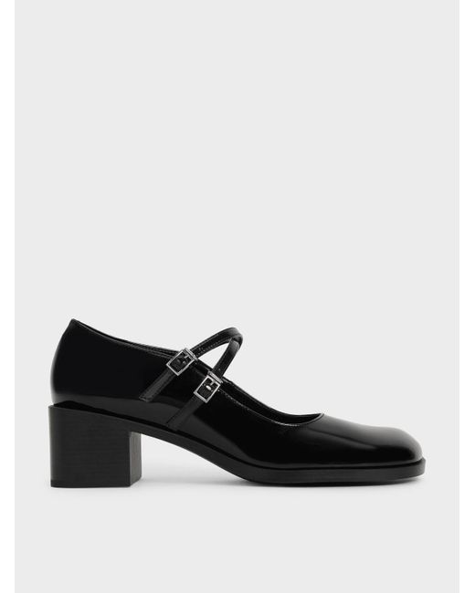 Charles & Keith Patent Crossover Block Heel Mary Janes in Black | Lyst UK