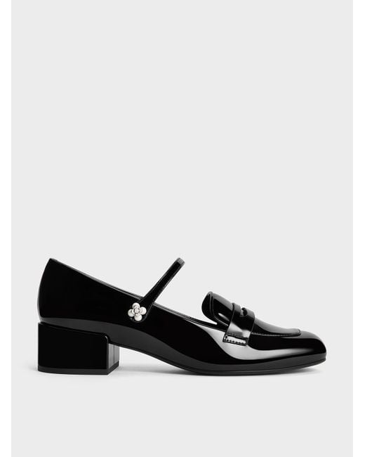 Charles & Keith Black Patent Pearl-Embellished Flower-Buckle Mary Jane Loafers