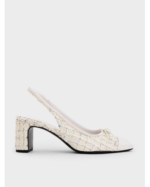 Charles & Keith Natural Tweed Bow Cap-Toe Slingback Pumps