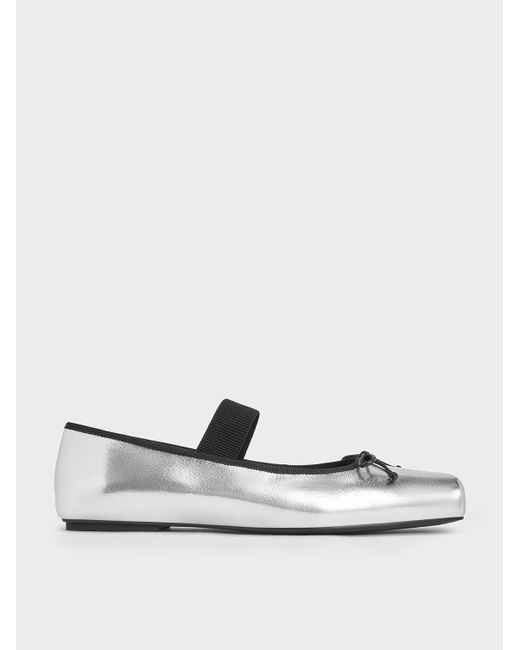 Charles & Keith White Metallic Square-Toe Mary Jane Ballet Flats