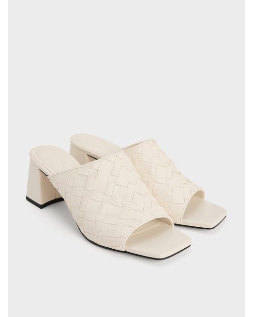 Charles & Keith Natural Ivette Woven Square-Toe Heeled Mules